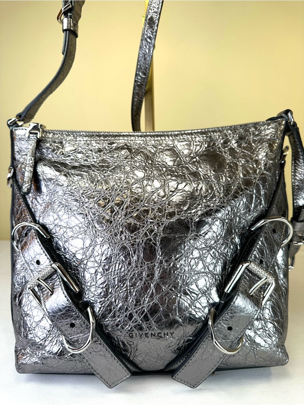 Givenchy Voyou Small Metallic Calfskin Crinkled leather Crossbody SHW COA
